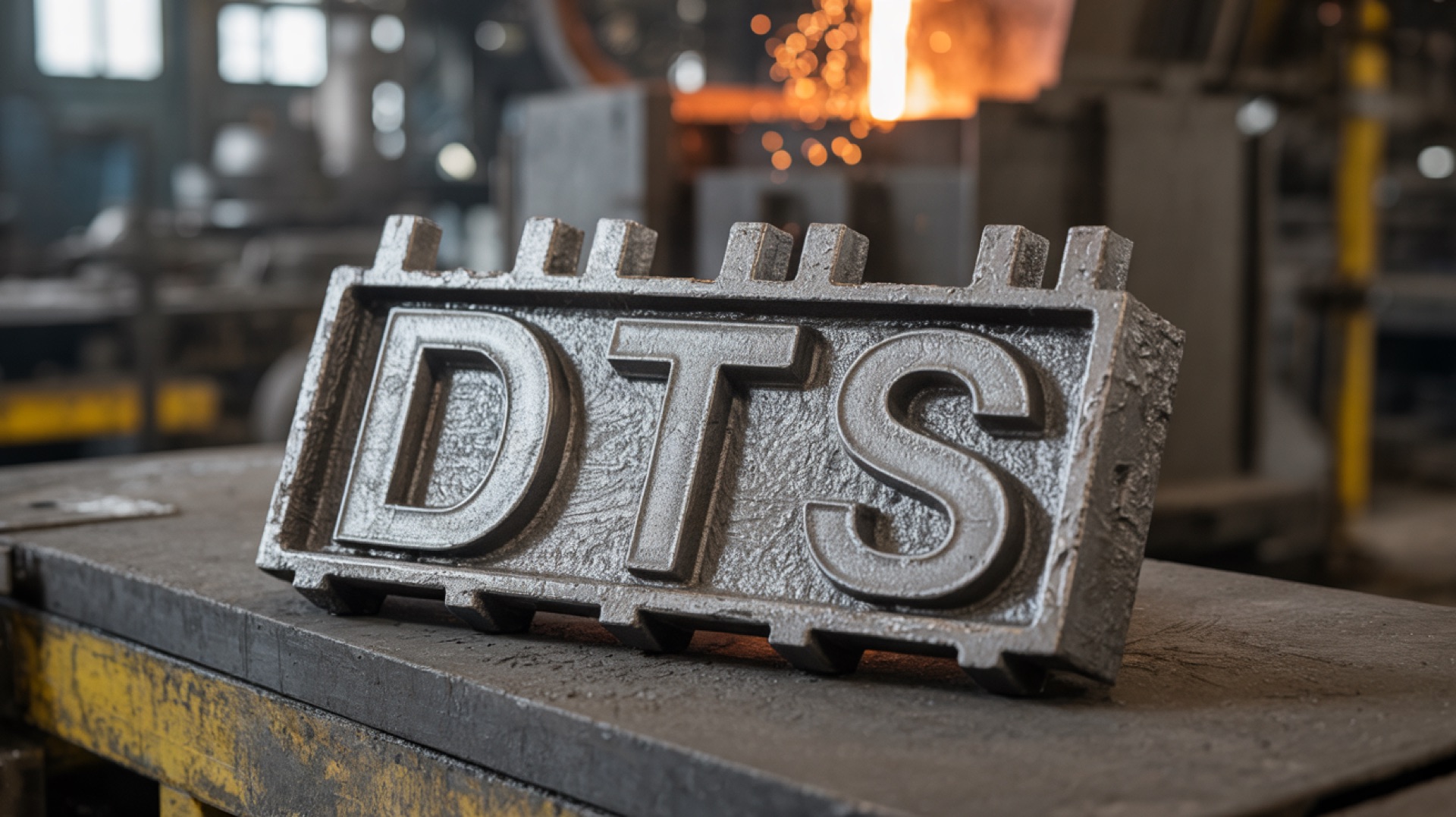 Gegoten roosterstaaf met de letters DTS in het metaal